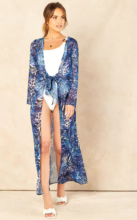 MEGAN LEOPARD LONG KAFTAN - BLUE