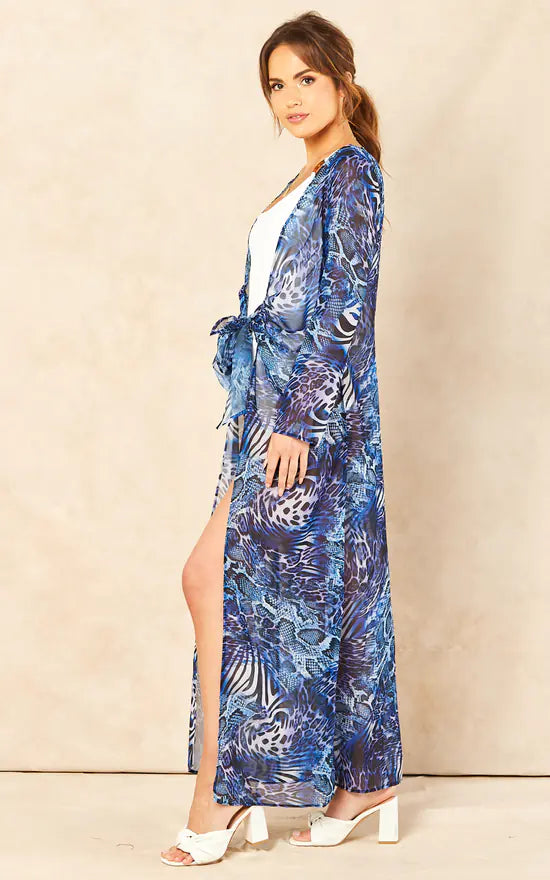 MEGAN LEOPARD LONG KAFTAN - BLUE