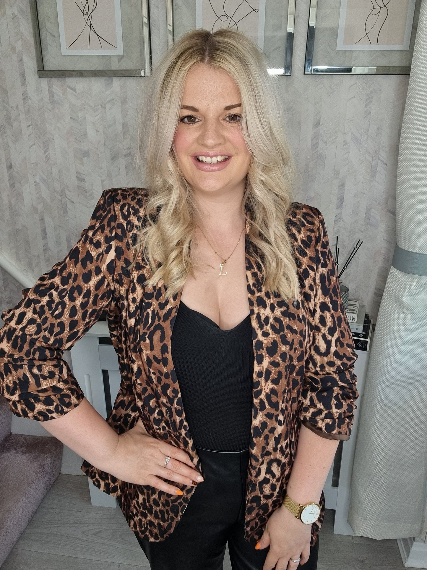 LARA LEOPARD PRINT RUCHED SLEEVE BLAZER