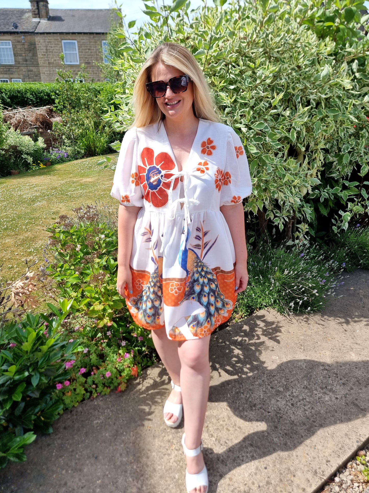 LILY TIE FRONT SMOCK DRESS - PEACOCK