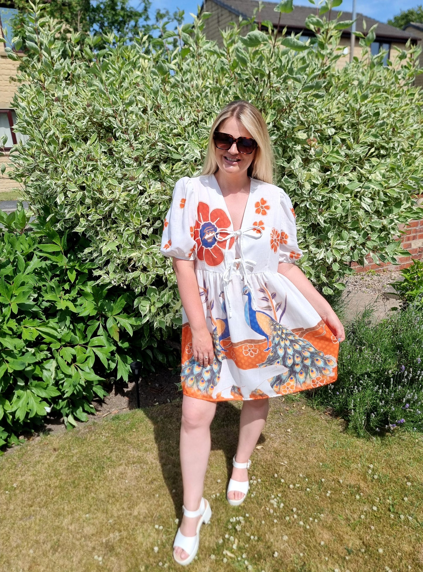 LILY TIE FRONT SMOCK DRESS - PEACOCK