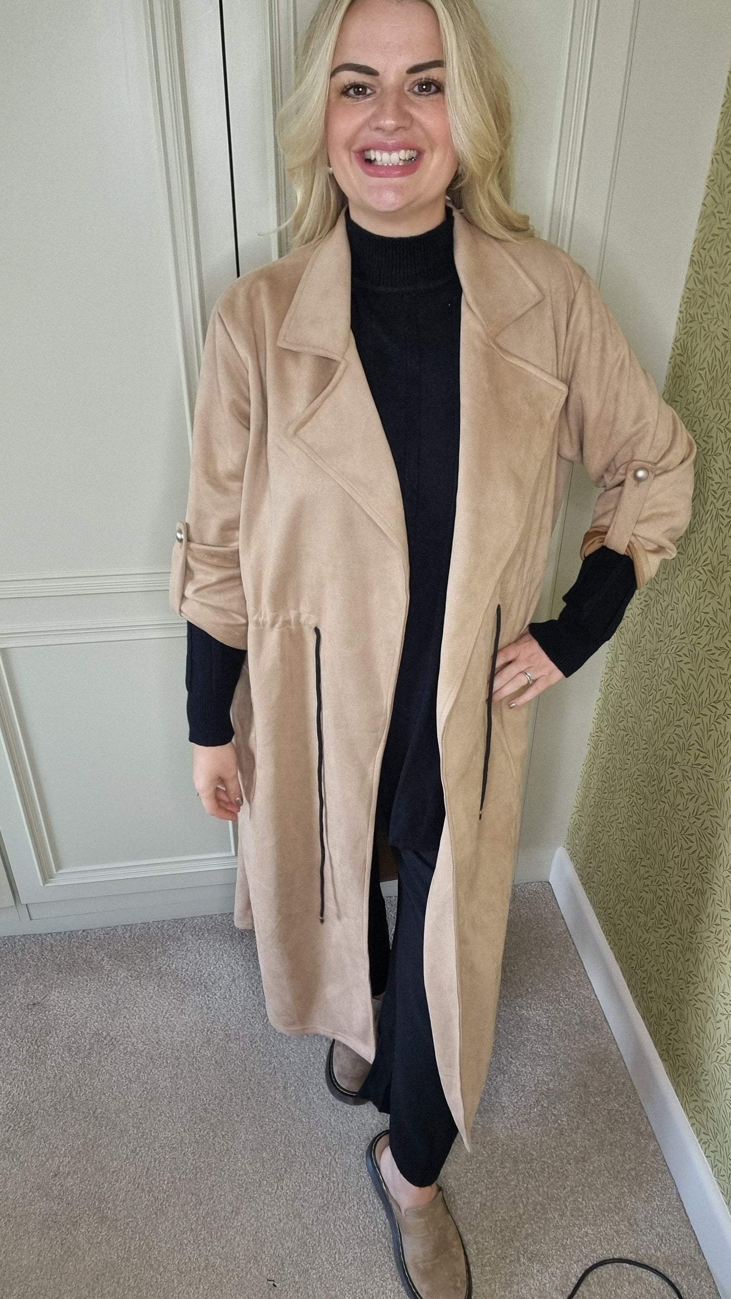 BONNIE DRAWSTRING SUEDETTE COAT - CAMEL