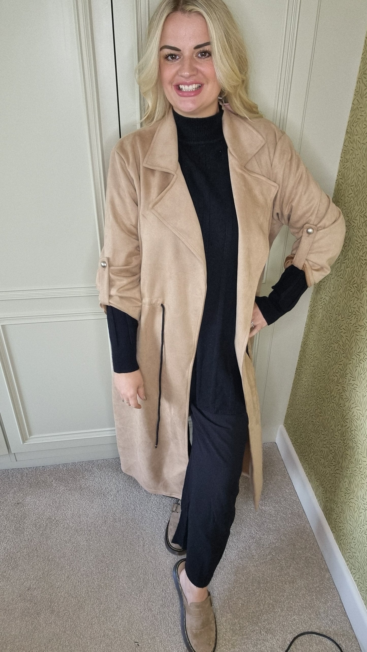 BONNIE DRAWSTRING SUEDETTE COAT - CAMEL