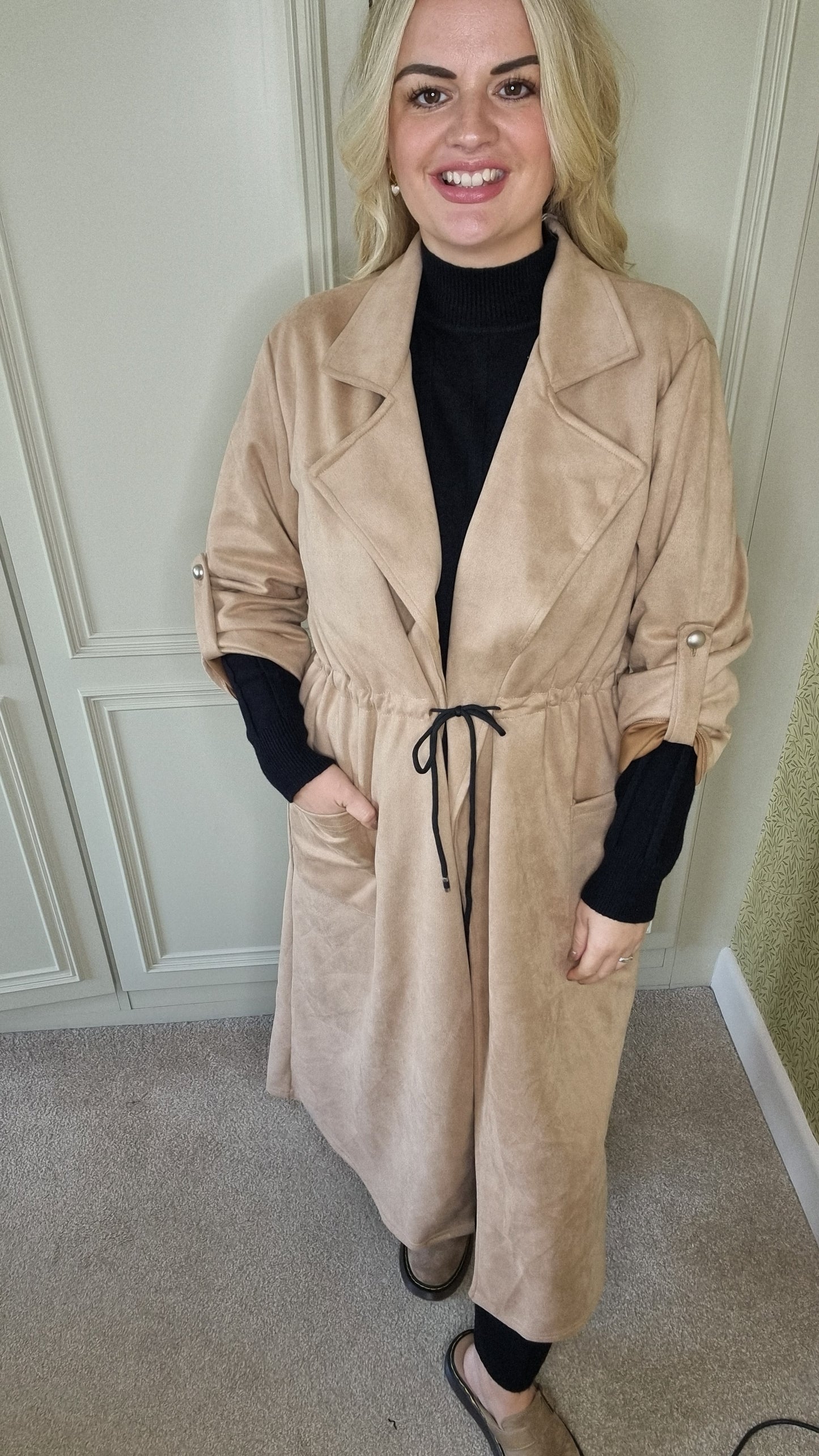 BONNIE DRAWSTRING SUEDETTE COAT - CAMEL