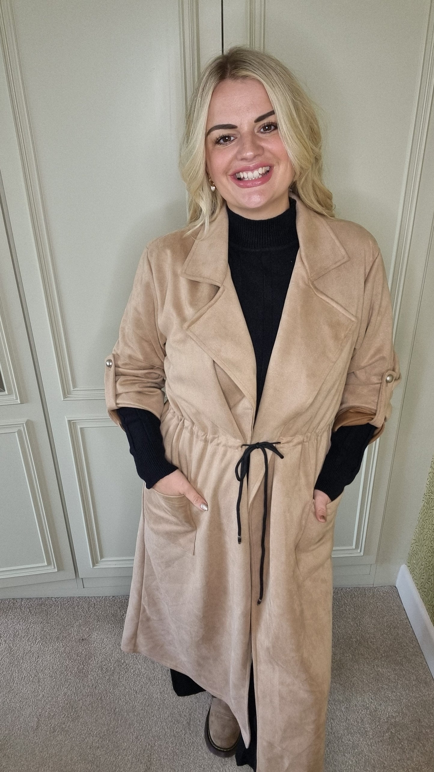 BONNIE DRAWSTRING SUEDETTE COAT - CAMEL