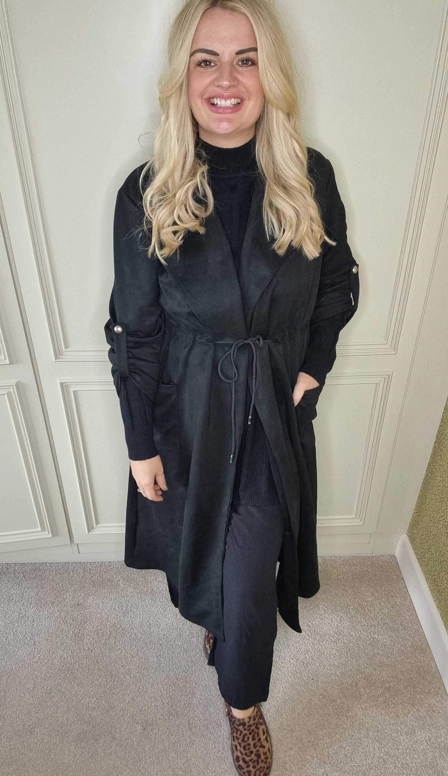 BONNIE DRAWSTRING SUEDETTE COAT - BLACK