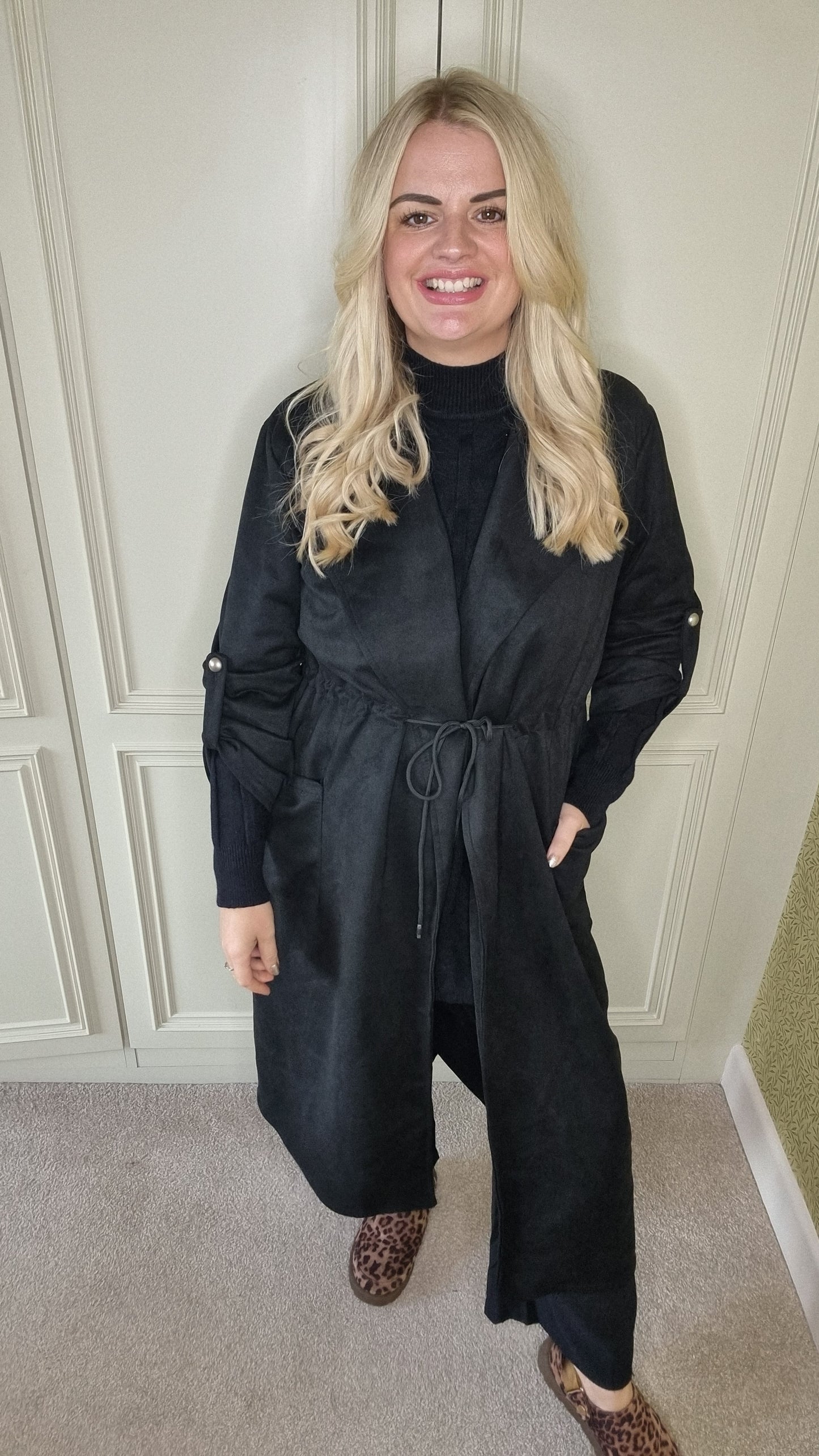 BONNIE DRAWSTRING SUEDETTE COAT - BLACK