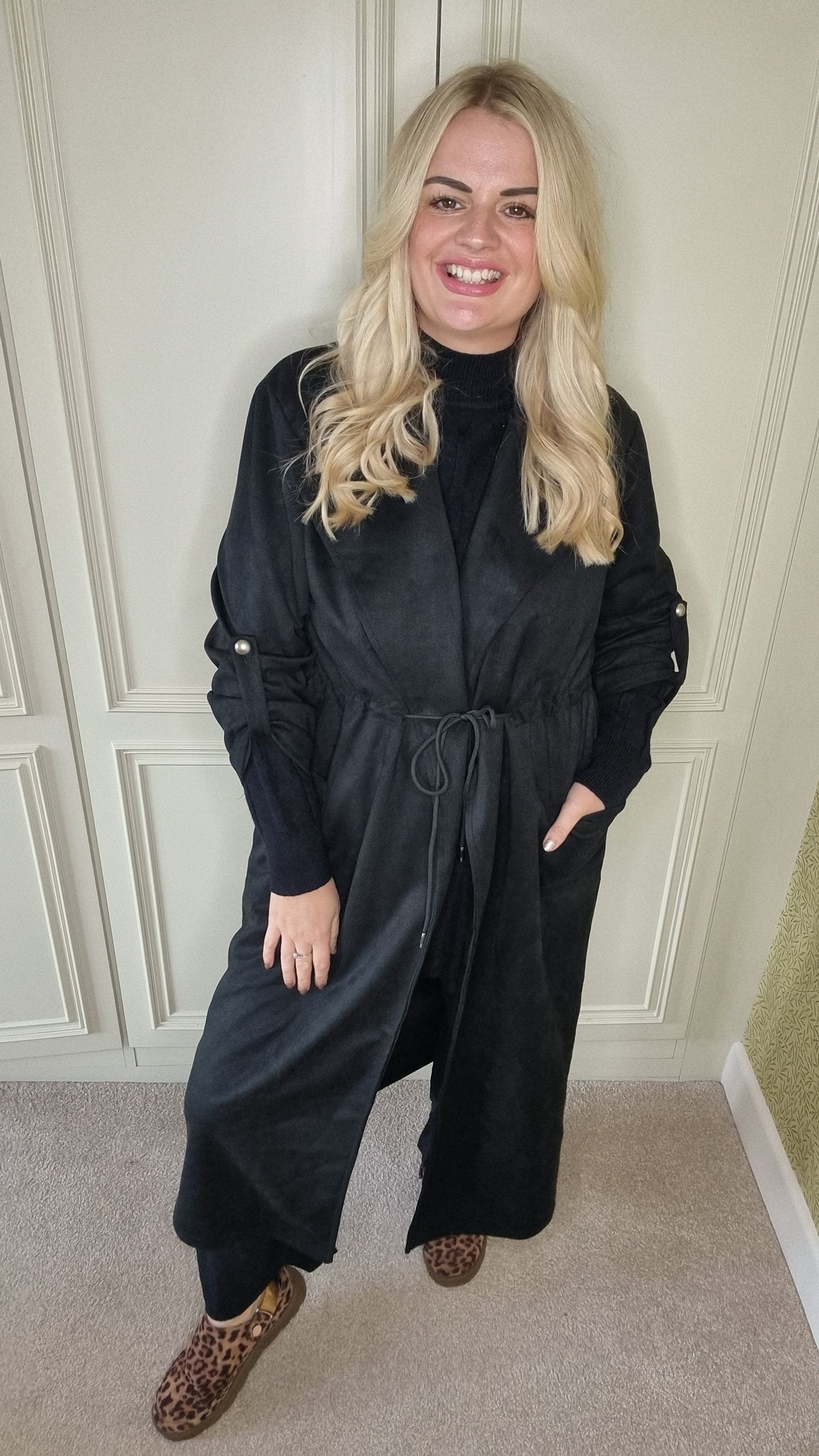 BONNIE DRAWSTRING SUEDETTE COAT - BLACK
