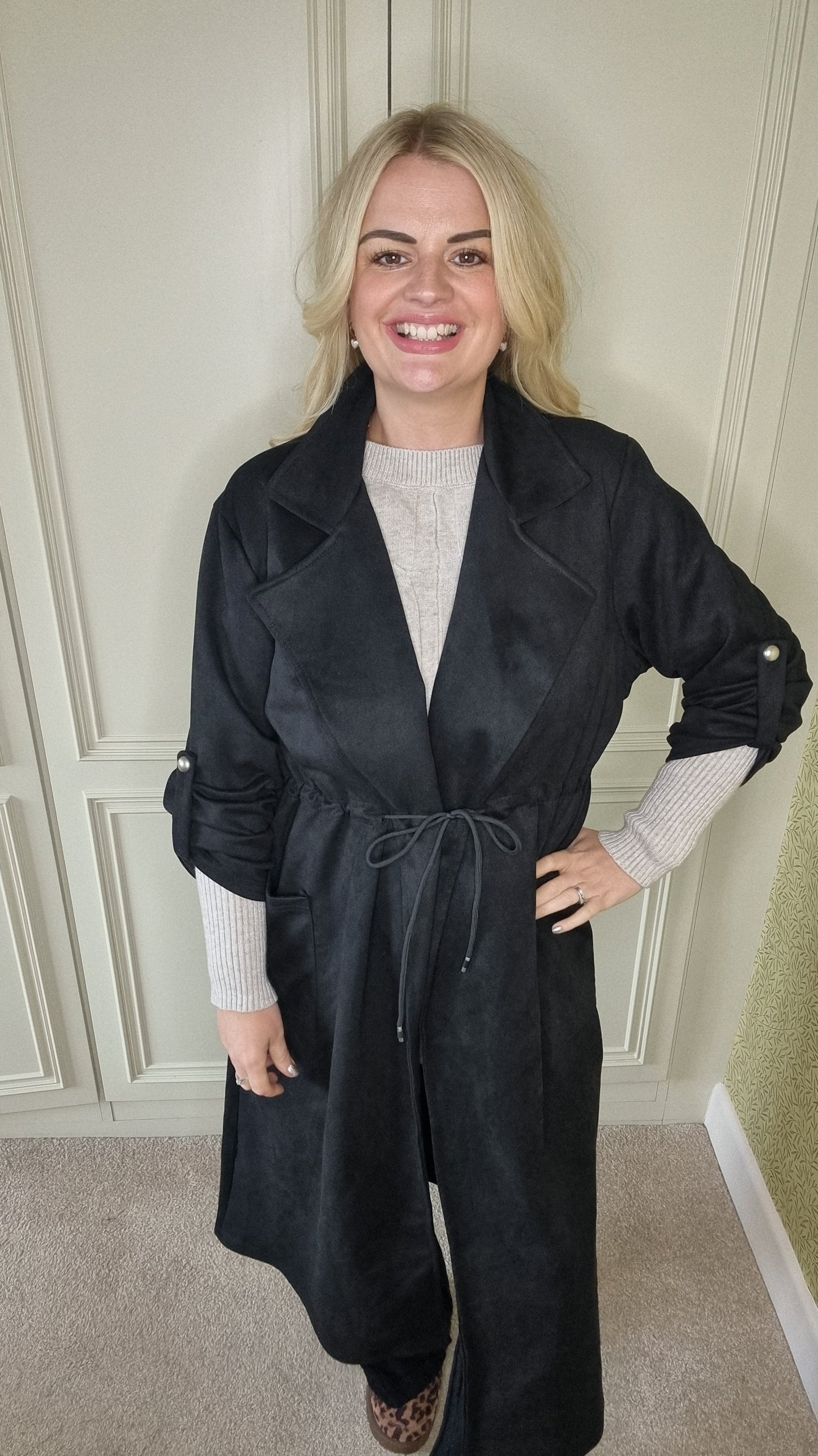 BONNIE DRAWSTRING SUEDETTE COAT - BLACK