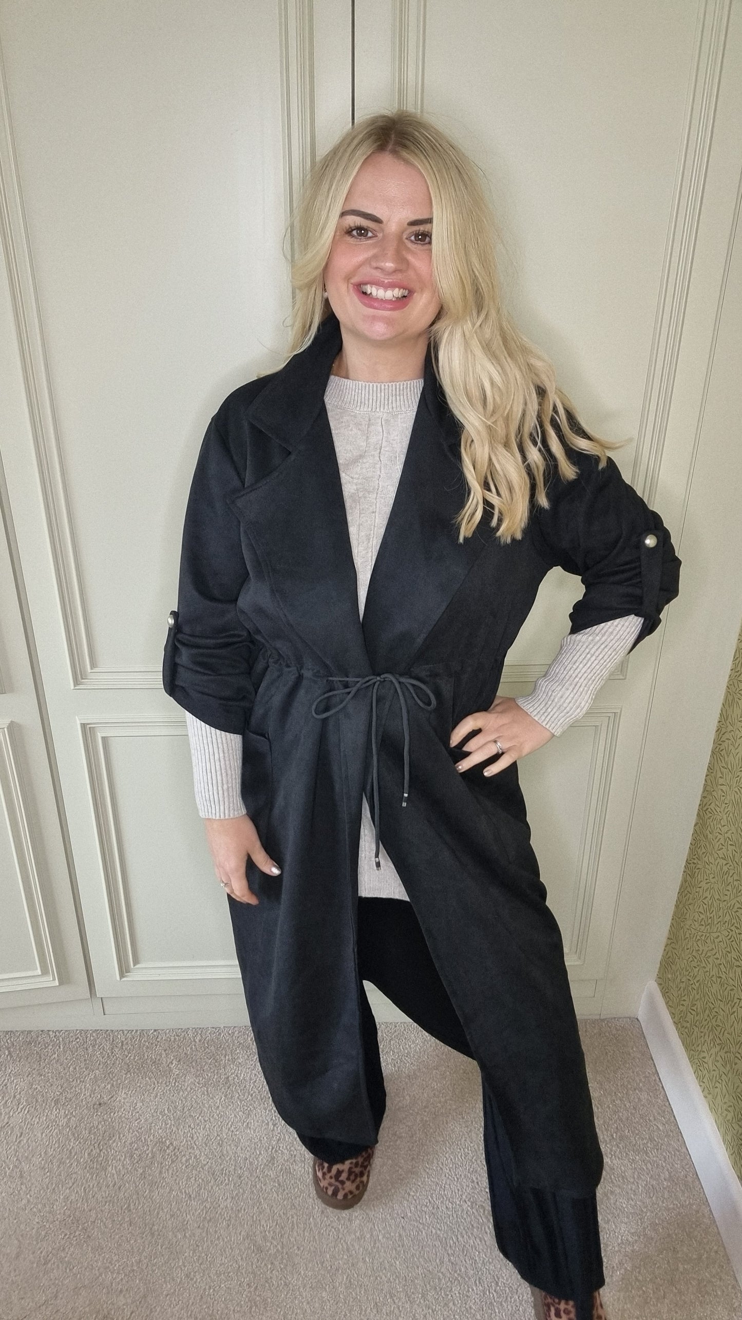 BONNIE DRAWSTRING SUEDETTE COAT - BLACK