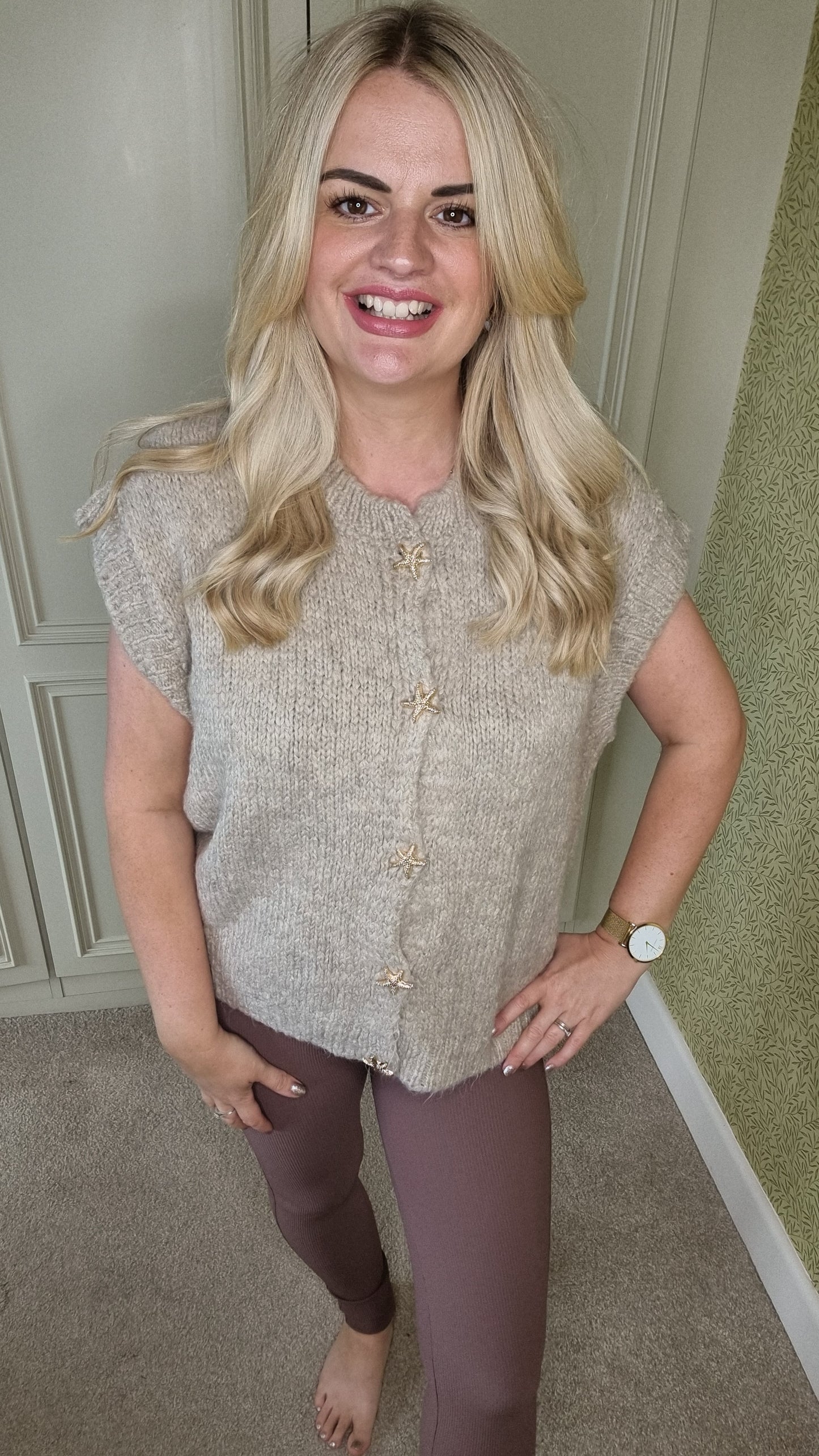 CLELIA STARFISH GOLD BUTTON FLUFFY WAISTCOAT - OATMEAL