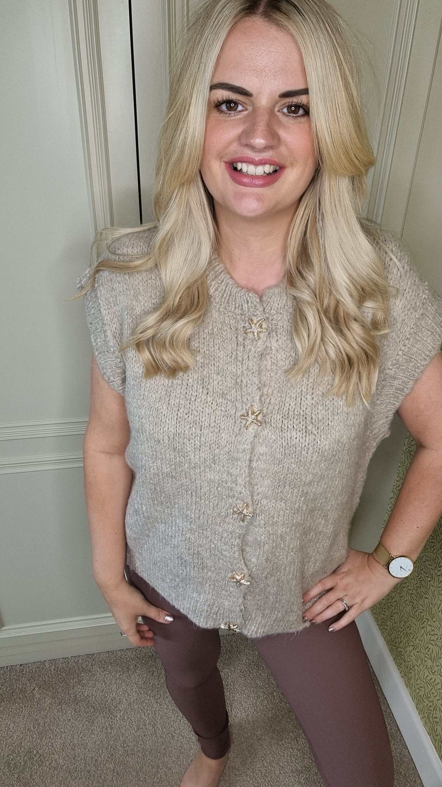 CLELIA STARFISH GOLD BUTTON FLUFFY WAISTCOAT - OATMEAL