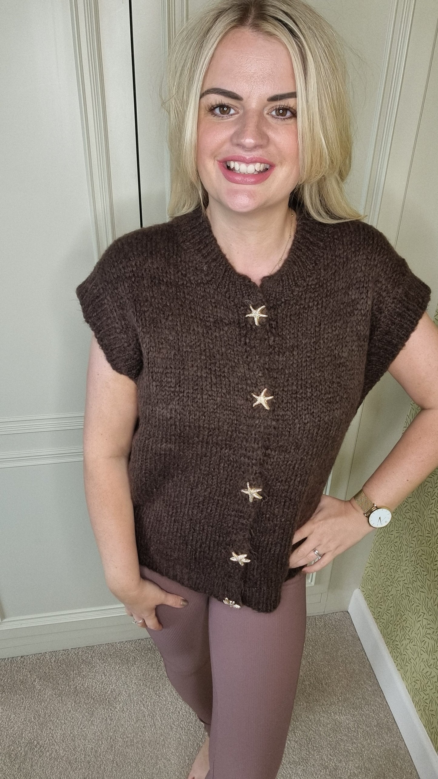 CLELIA STARFISH GOLD BUTTON FLUFFY WAISTCOAT - BROWN