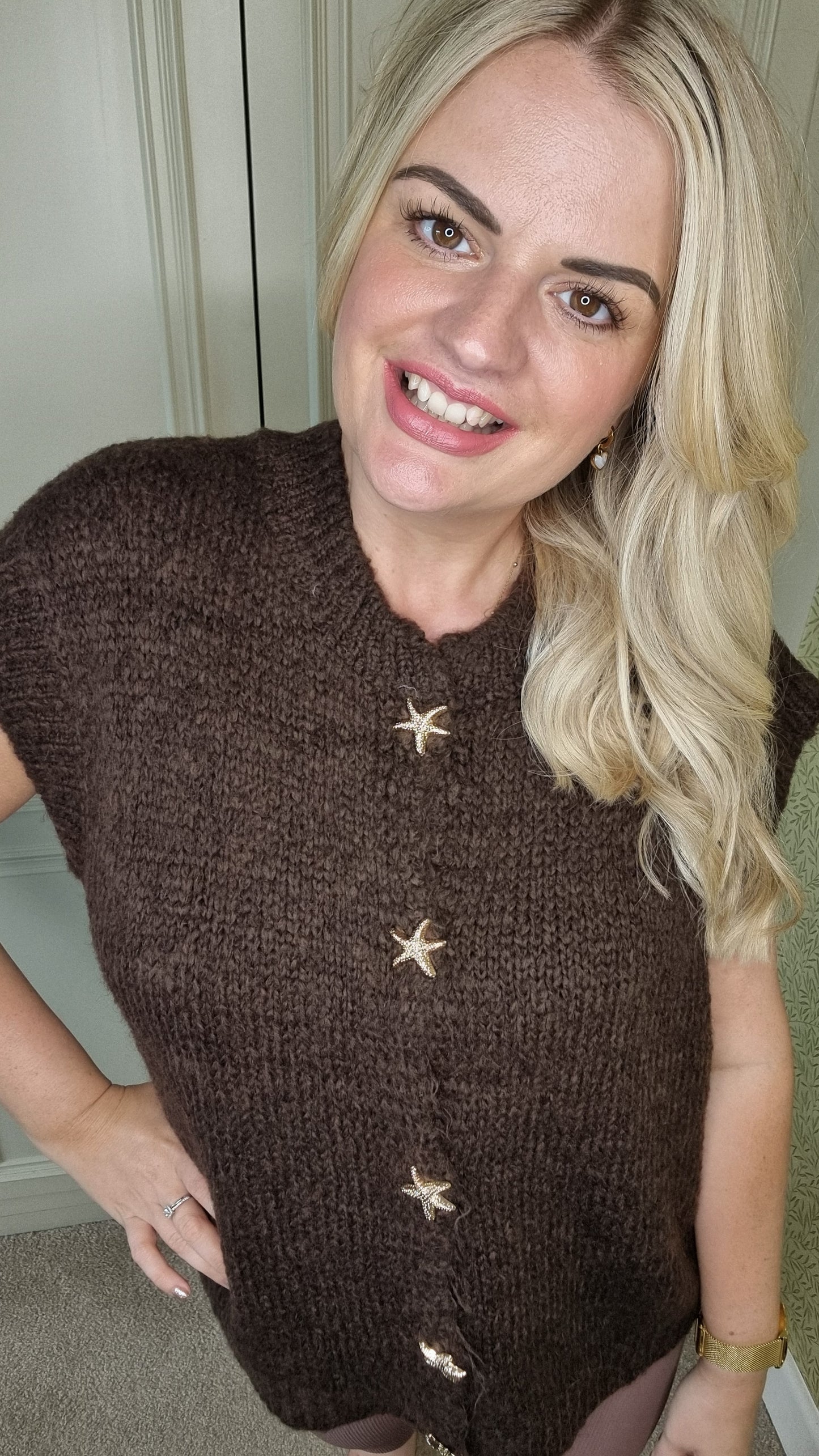 CLELIA STARFISH GOLD BUTTON FLUFFY WAISTCOAT - BROWN