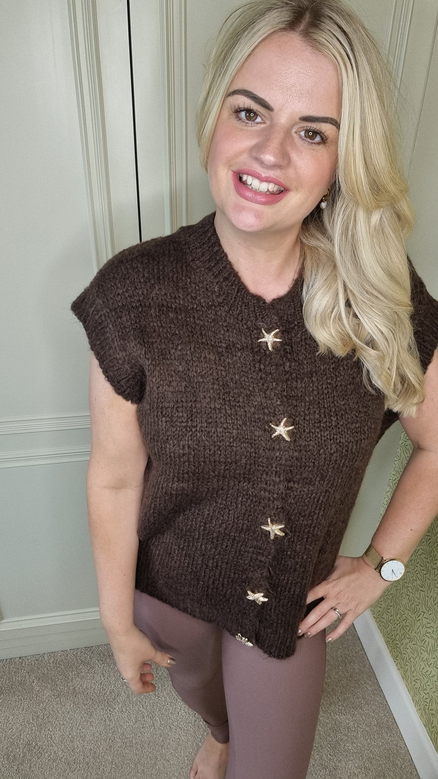CLELIA STARFISH GOLD BUTTON FLUFFY WAISTCOAT - BROWN