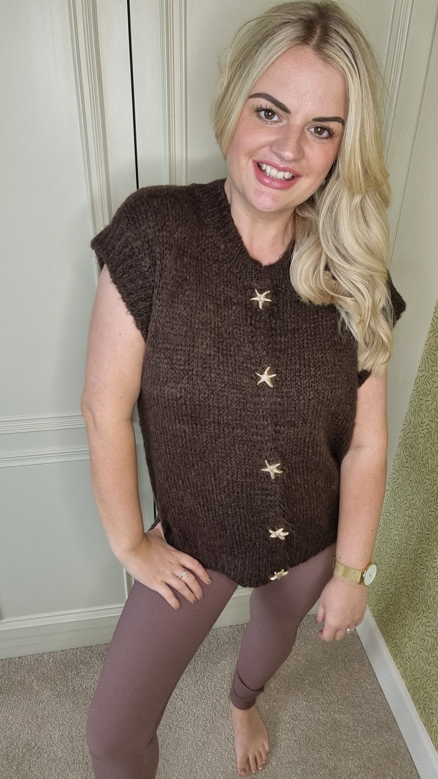 CLELIA STARFISH GOLD BUTTON FLUFFY WAISTCOAT - BROWN