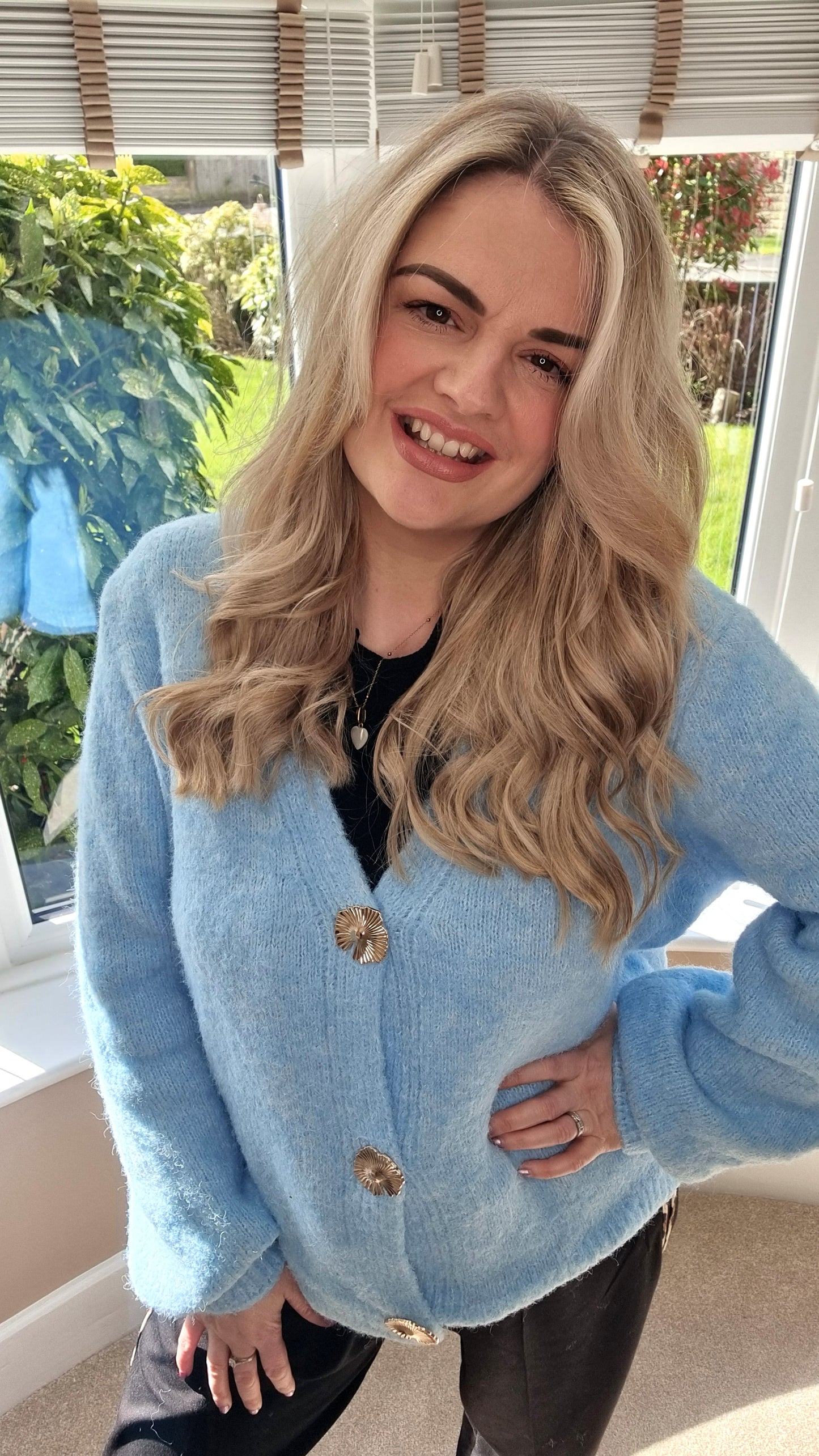 MOLLIE BLUE FLUFFY GOLD BUTTON CARDIGAN