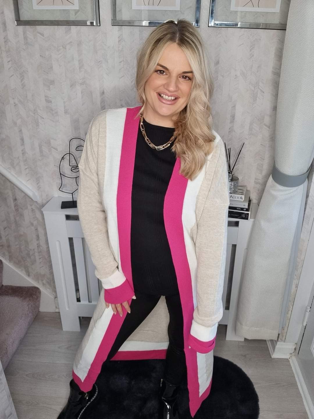 HALLIE LONGLINE COLOUR BLOCK PINK BOARDER CARDIGAN (MORE COLOURS AVAILABLE)