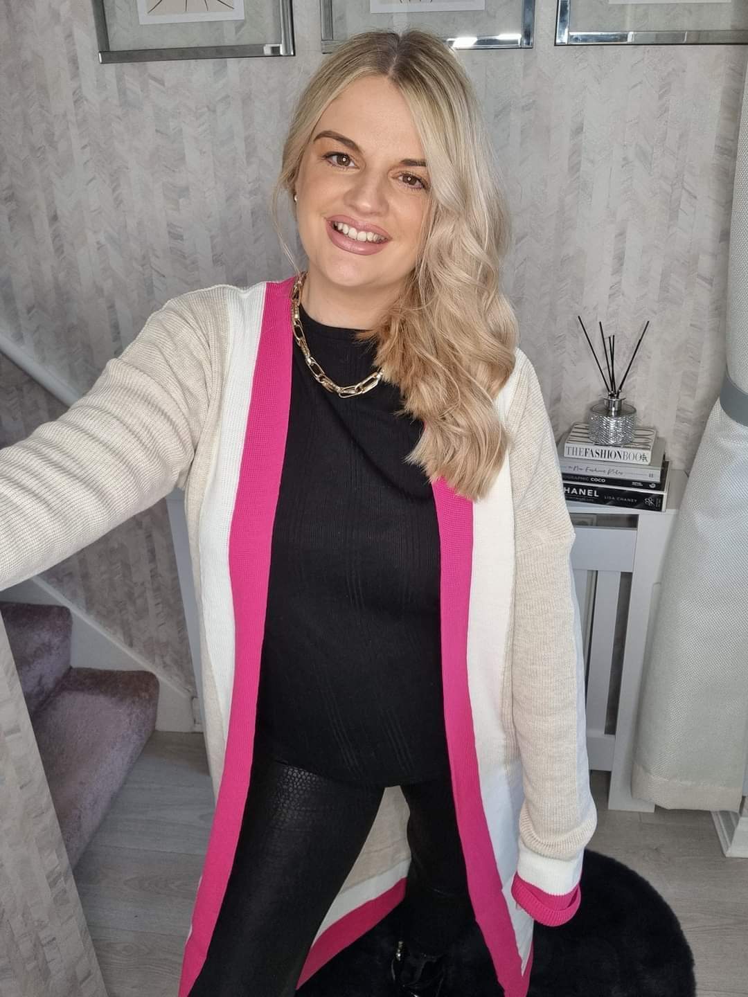 HALLIE LONGLINE COLOUR BLOCK PINK BOARDER CARDIGAN (MORE COLOURS AVAILABLE)