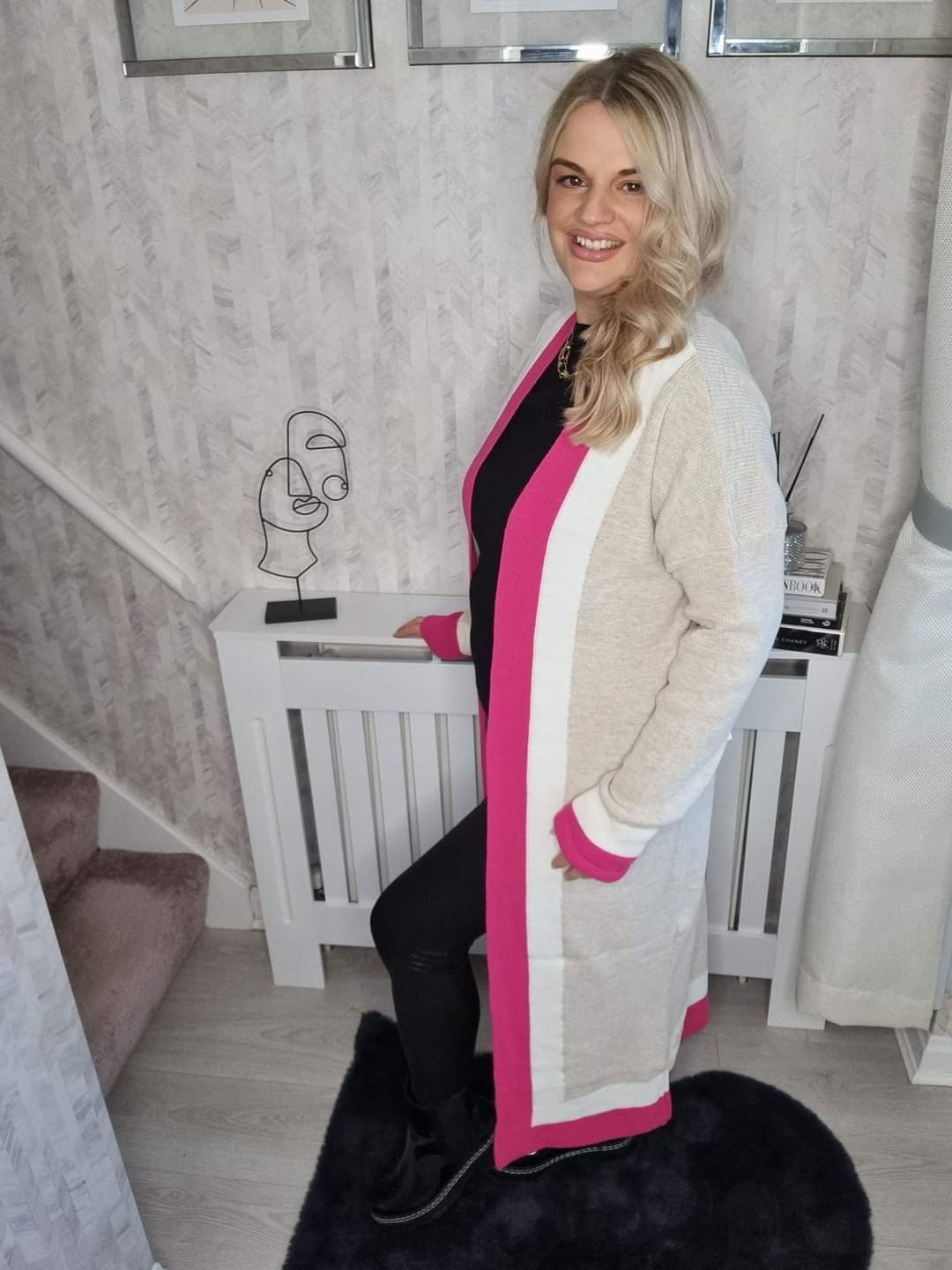 HALLIE LONGLINE COLOUR BLOCK PINK BOARDER CARDIGAN (MORE COLOURS AVAILABLE)
