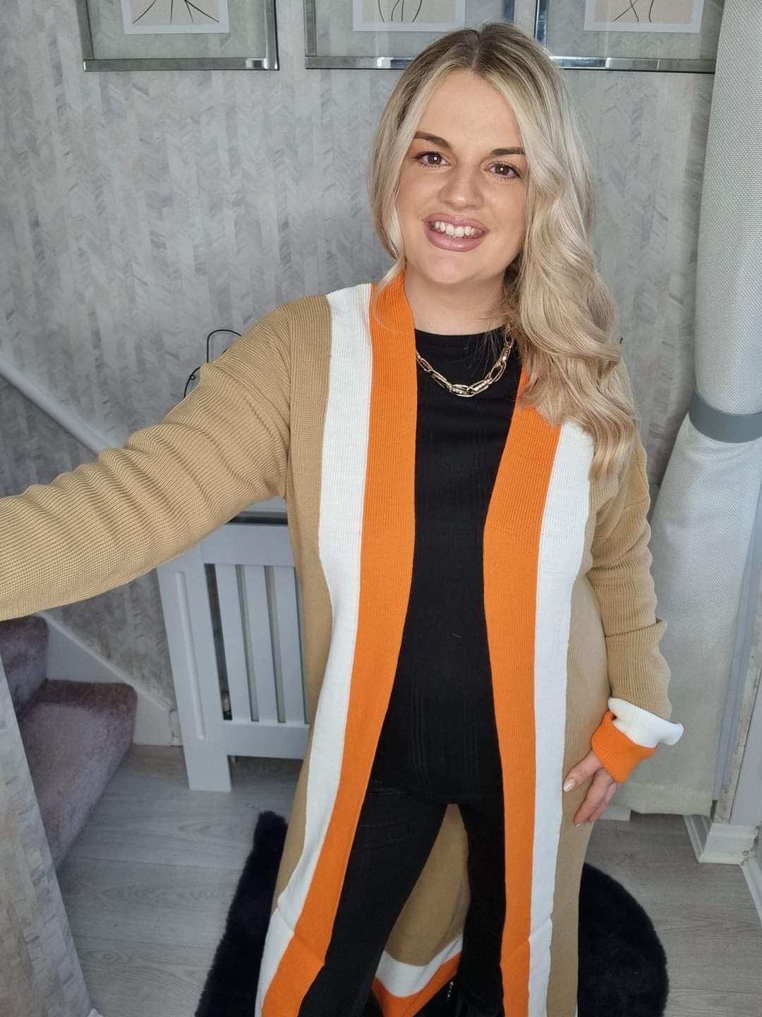 HALLIE LONGLINE COLOUR BLOCK ORANGE BOARDER CARDIGAN (MORE COLOURS AVAILABLE)