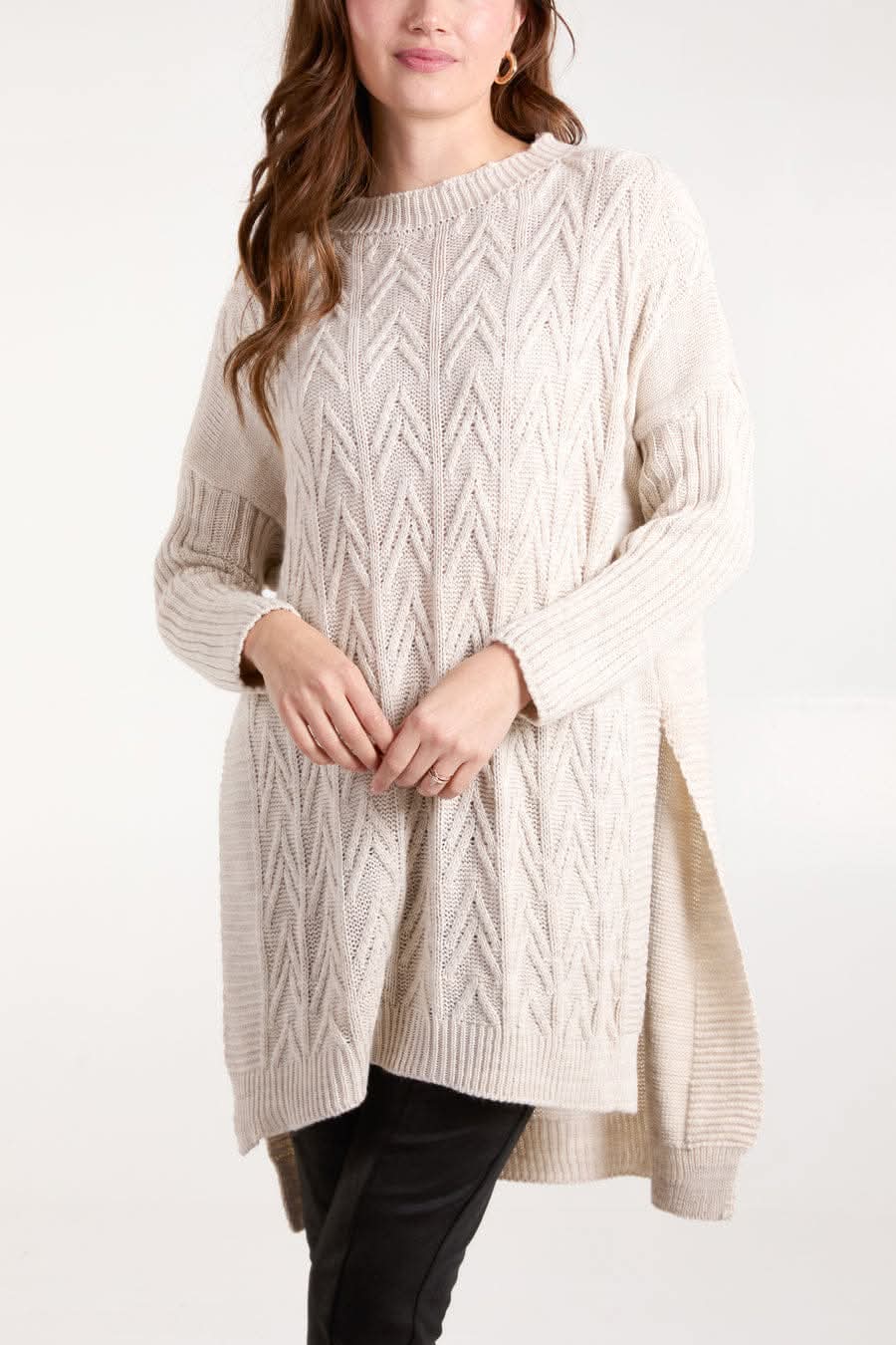ORLA CABLE KNIT JUMPER WITH SIDE SLITS - BEIGE (MORE COLOURS AVAILABLE)
