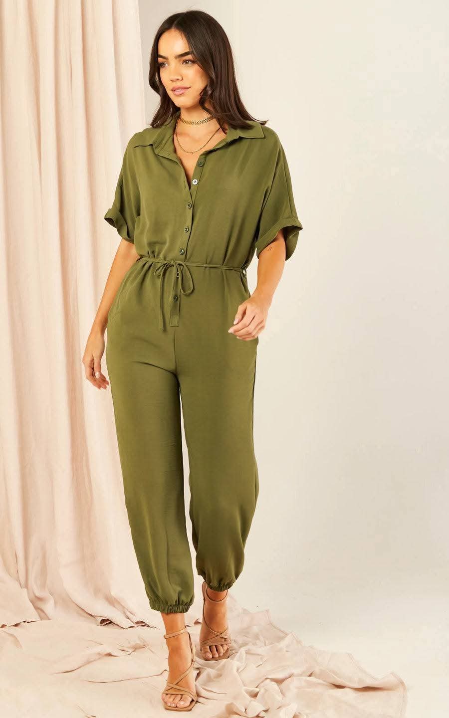 WILLOW LONG LEG KHAKI SHIRT JUMPSUIT