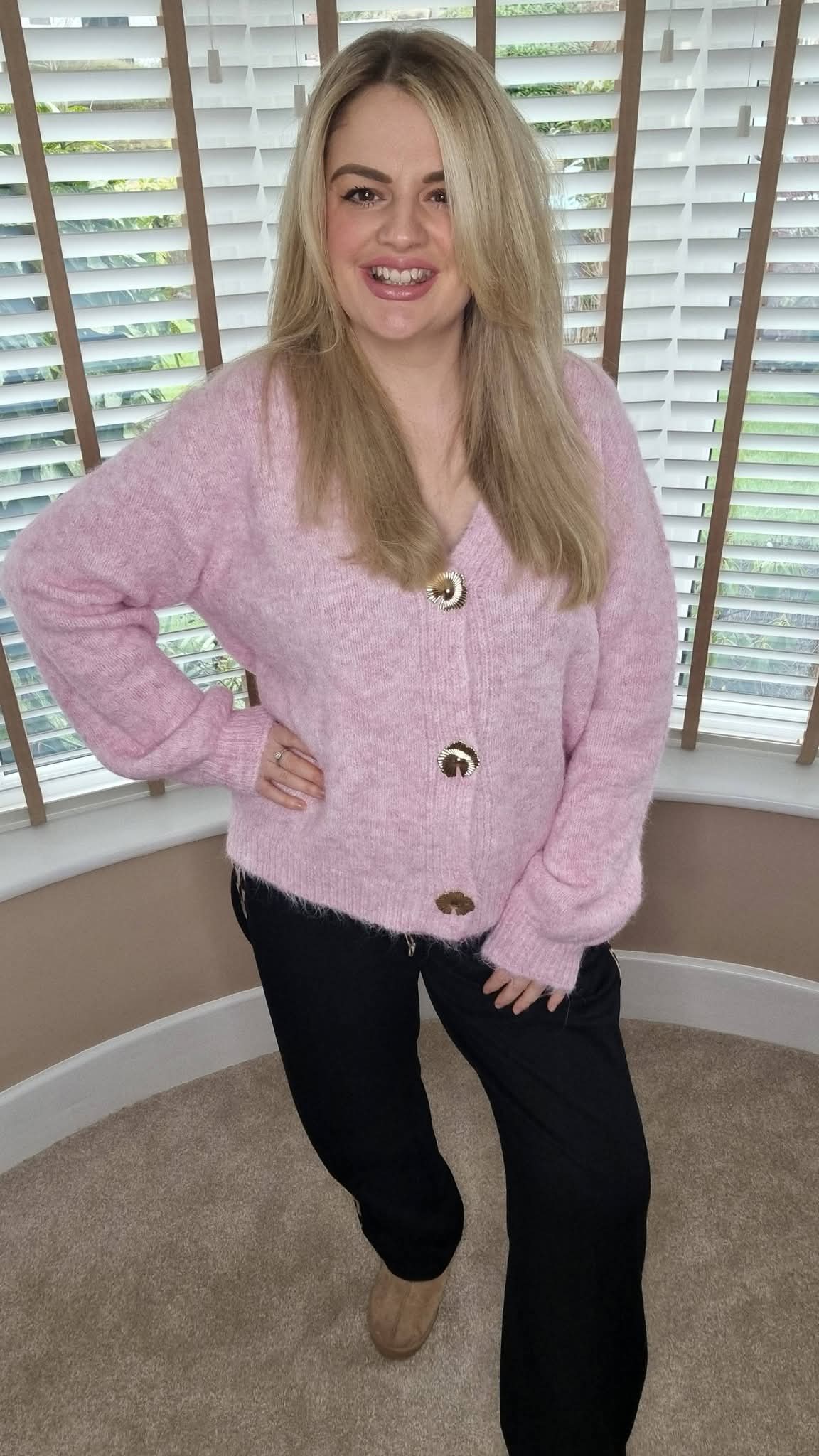 MOLLIE PINK FLUFFY GOLD BUTTON CARDIGAN