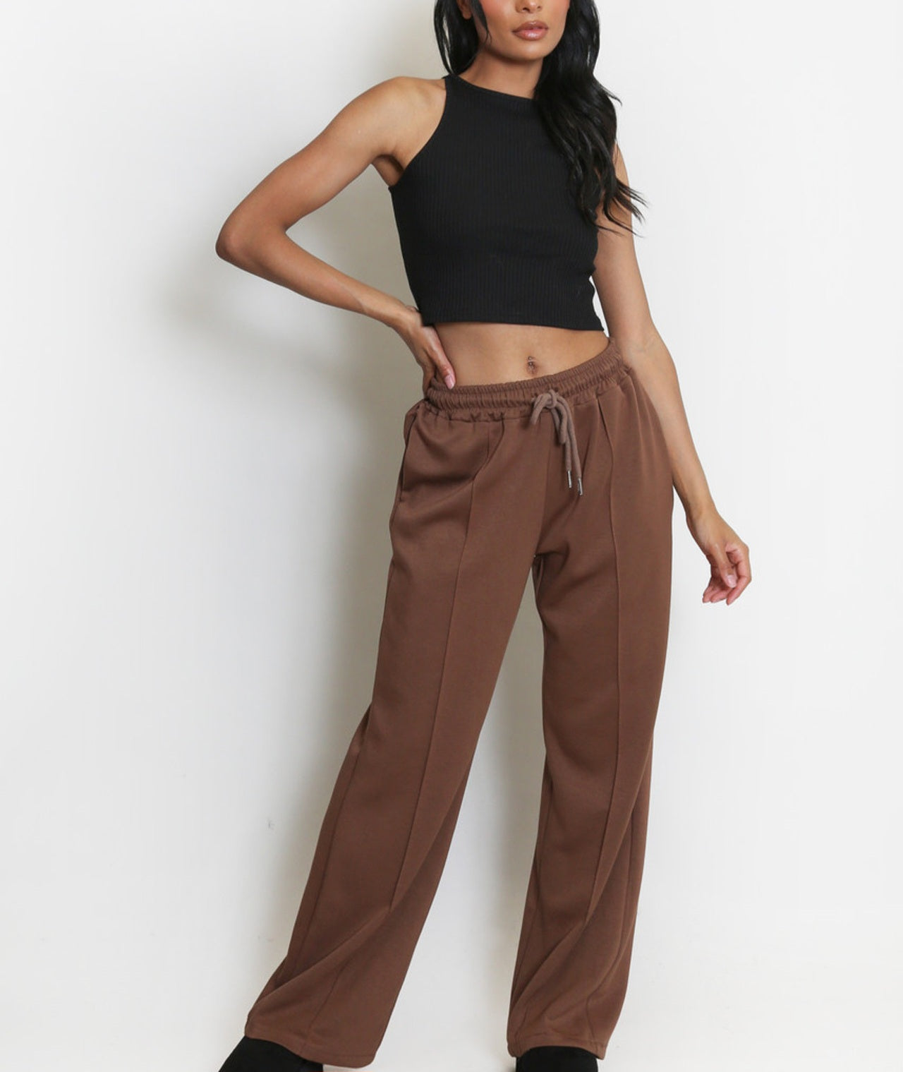 DANA WIDE LEG SEAM FRONT JOGGERS - BROWN