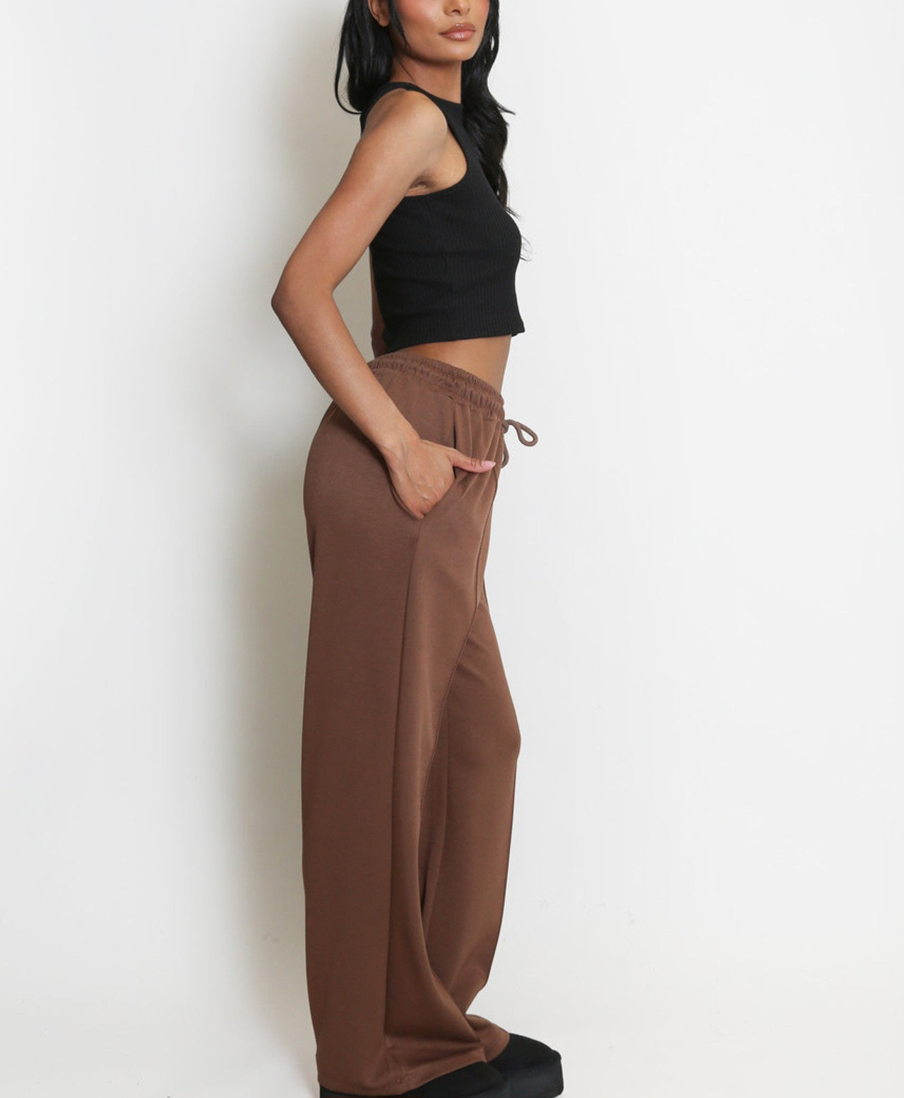 DANA WIDE LEG SEAM FRONT JOGGERS - BROWN