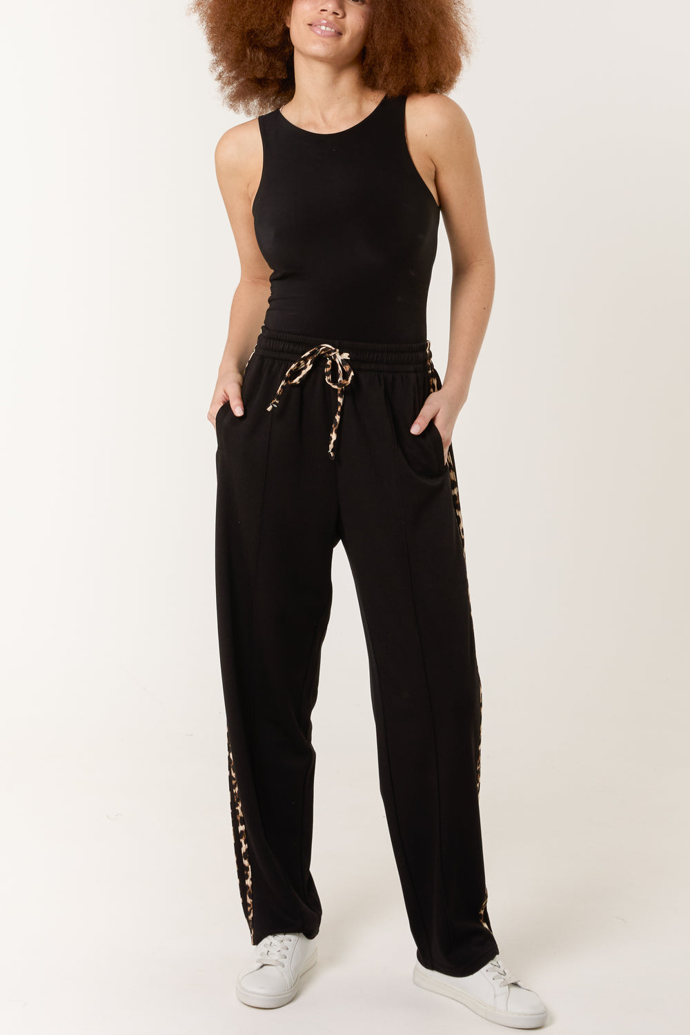 ALANA LEOPARD SIDE STRIPE DRAWSTRING JOGGER - BLACK
