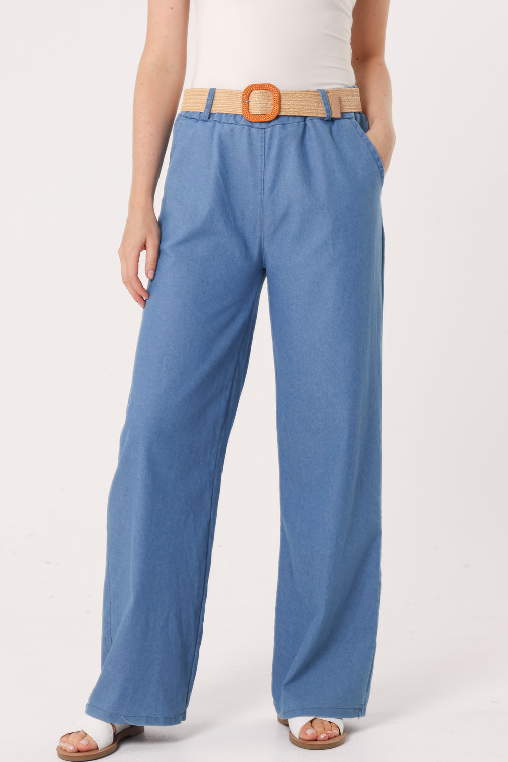DAPHNE DENIM LOOK WIDE LEG BELTED PANTS - LIGHT