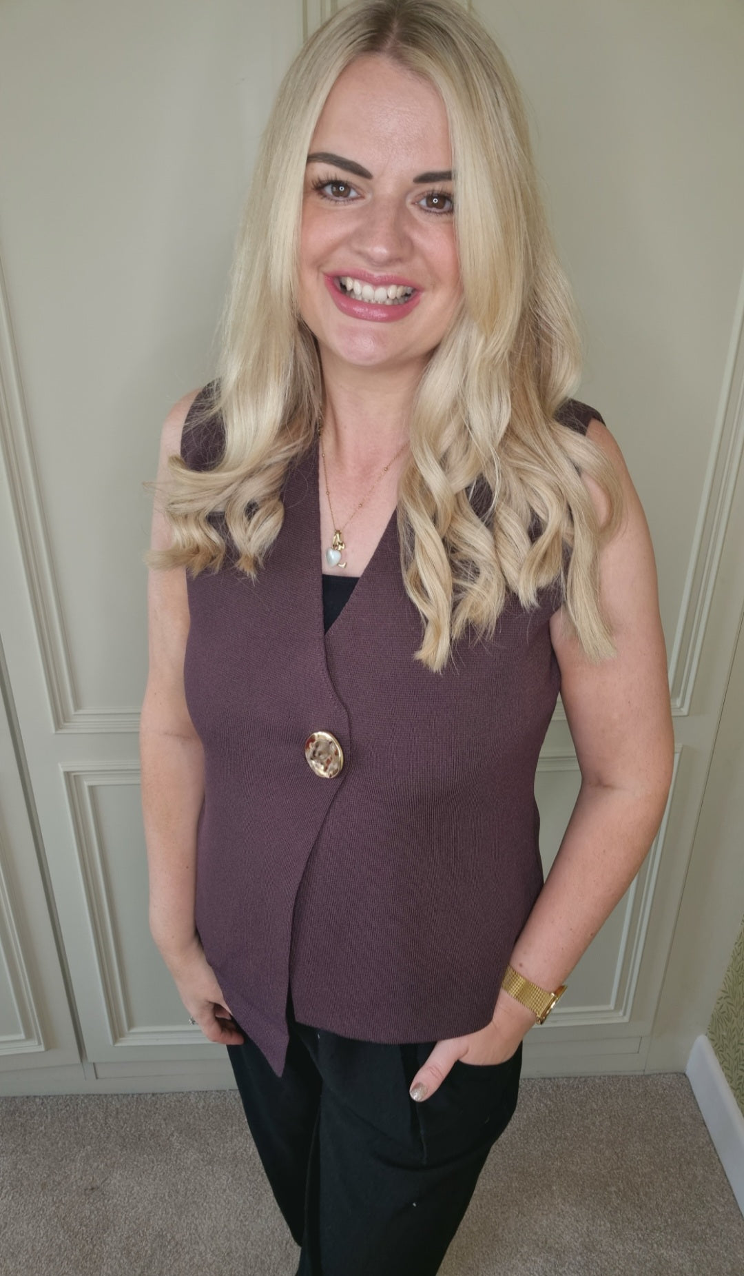 CHARLEY FINE KNIT ONE BUTTON ASYMMETRIC WAISTCOAT -BROWN