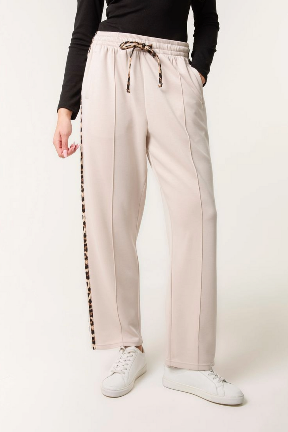 ALANA LEOPARD SIDE STRIPE DRAWSTRING JOGGER - STONE