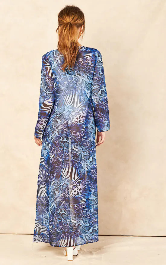 MEGAN LEOPARD LONG KAFTAN - BLUE