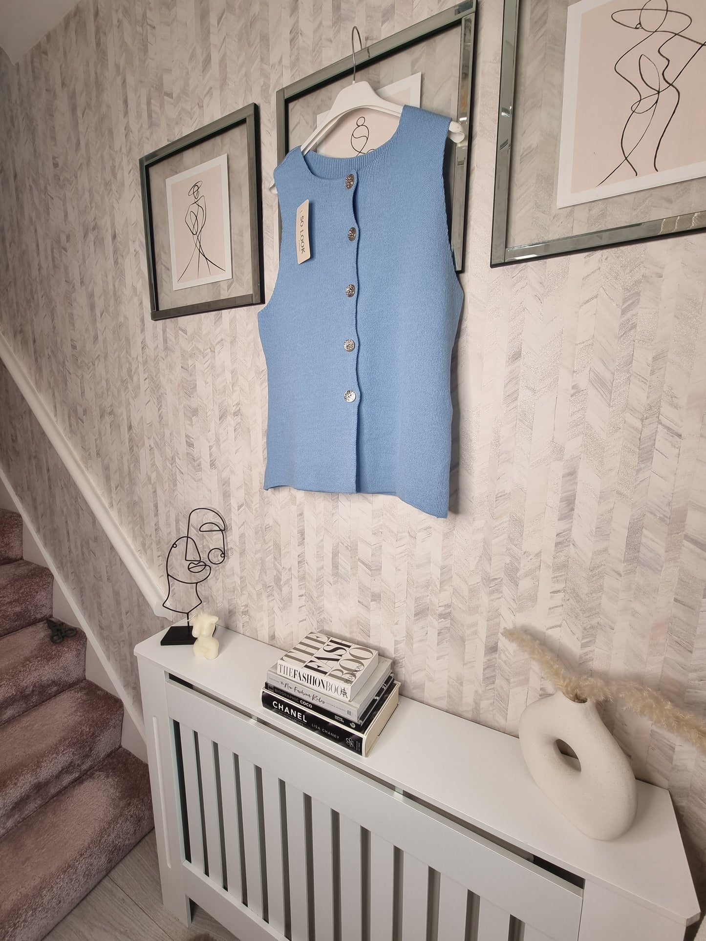 HARLOW GOLD BUTTON FINE KNIT WAISTCOAT - BABY BLUE