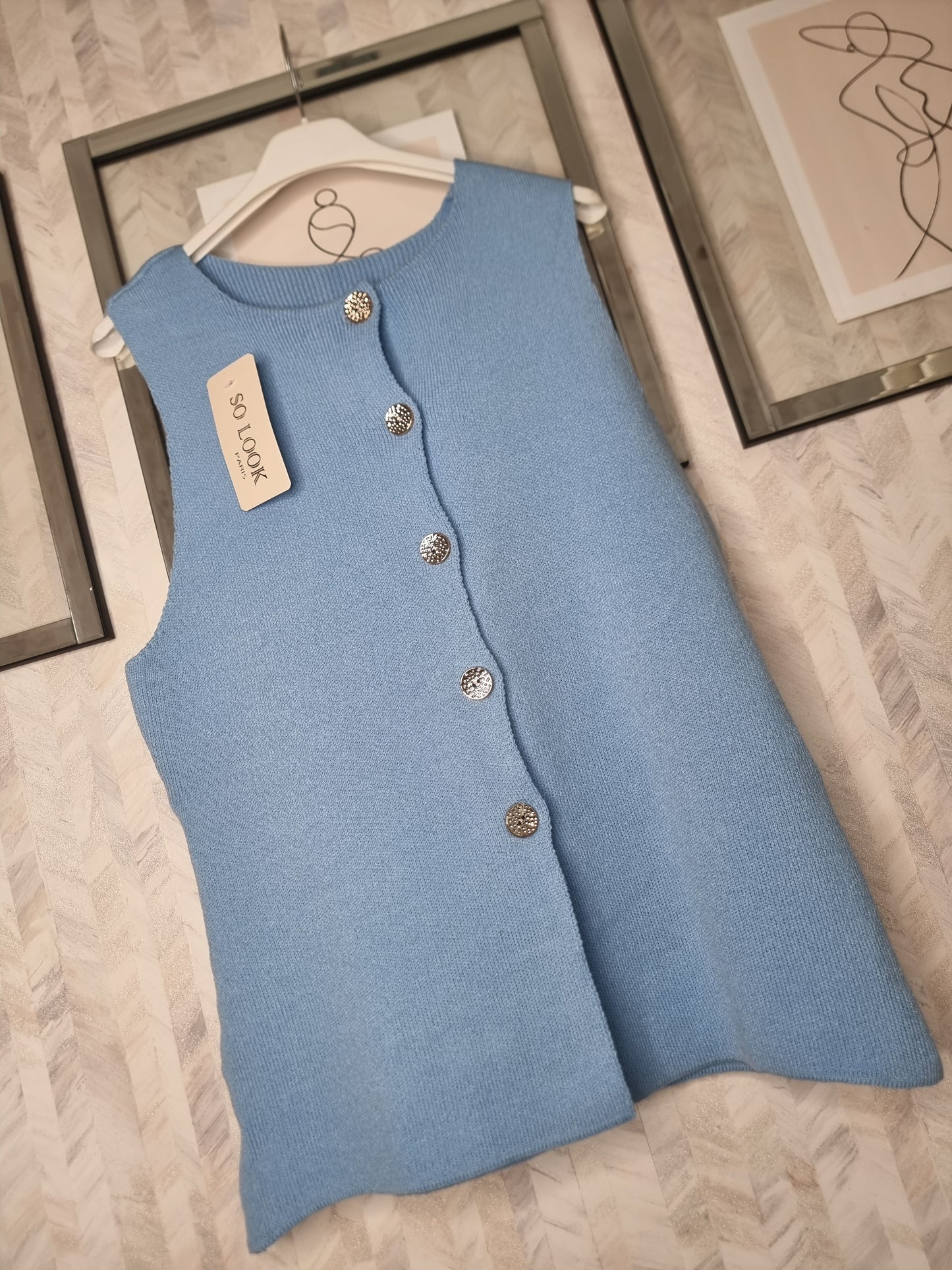 HARLOW GOLD BUTTON FINE KNIT WAISTCOAT - BABY BLUE
