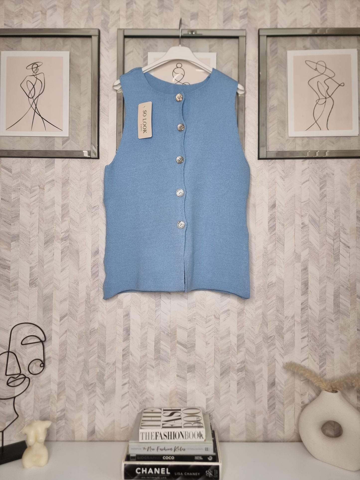 HARLOW GOLD BUTTON FINE KNIT WAISTCOAT - BABY BLUE