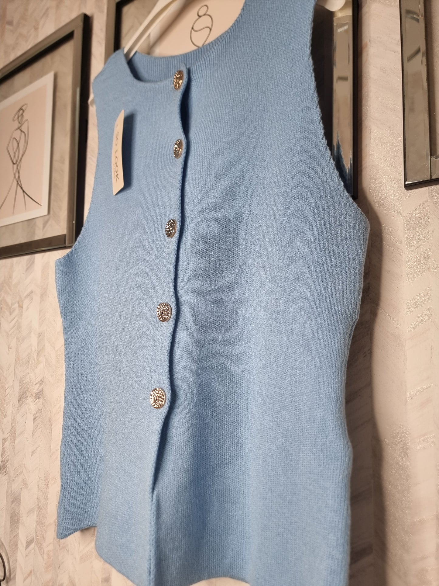 HARLOW GOLD BUTTON FINE KNIT WAISTCOAT - BABY BLUE