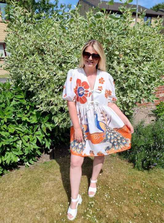 LILY TIE FRONT SMOCK DRESS - PEACOCK