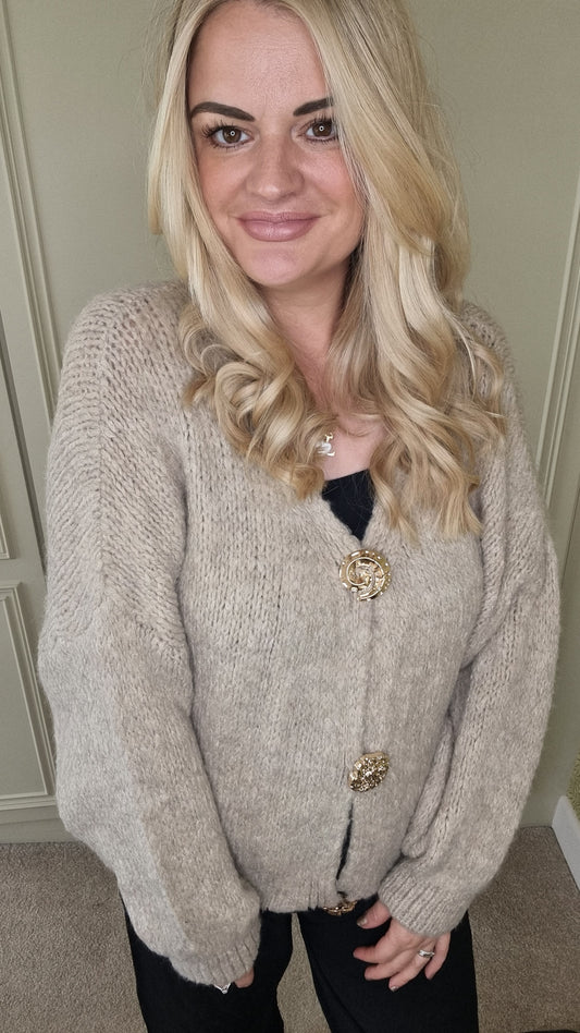 LILA FLUFFY GOLD BUTTON CARDIGAN - OATMEAL