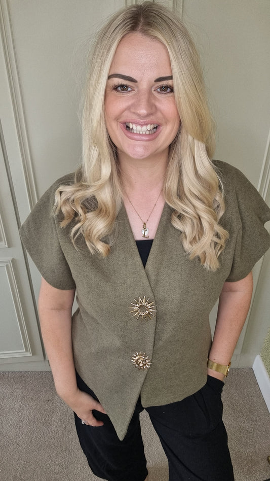 STORMY GOLD SUN BROOCH TOP - KHAKI