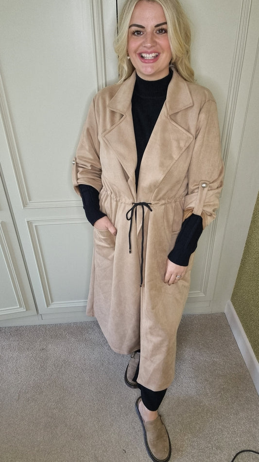 BONNIE DRAWSTRING SUEDETTE COAT - CAMEL