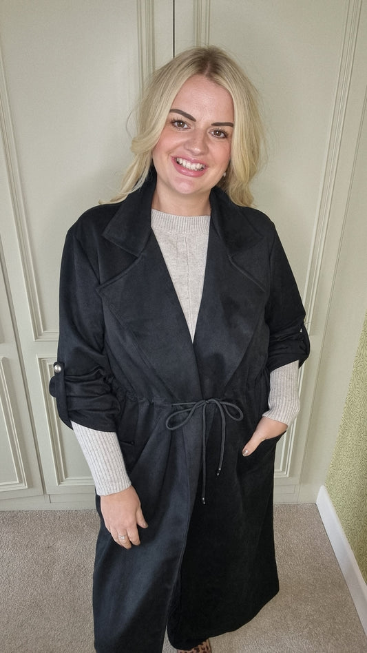 BONNIE DRAWSTRING SUEDETTE COAT - BLACK