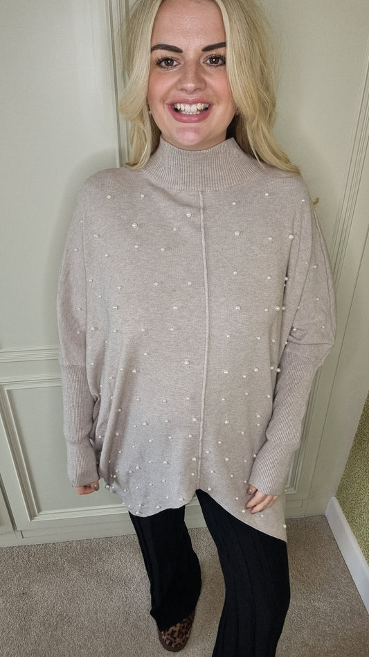 PEARL TAUPE PEARL EMBROIDED HIGH NECK JUMPER (MORE COLOURS AVAILABLE)