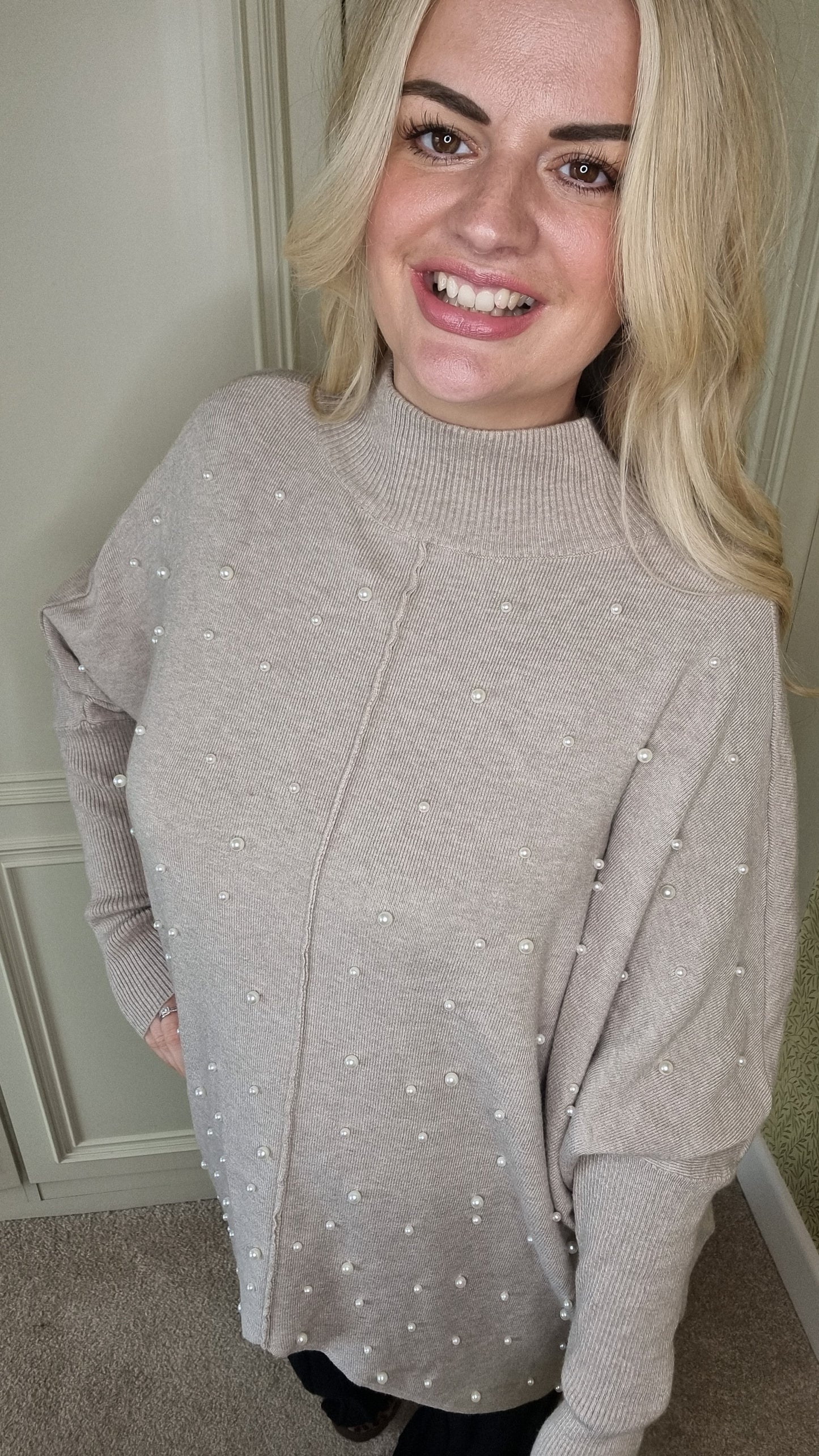 PEARL TAUPE PEARL EMBROIDED HIGH NECK JUMPER (MORE COLOURS AVAILABLE)