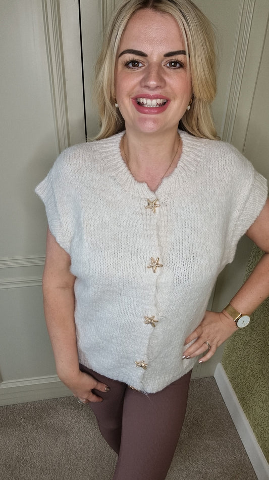 CLELIA STARFISH GOLD BUTTON FLUFFY WAISTCOAT - CREAM
