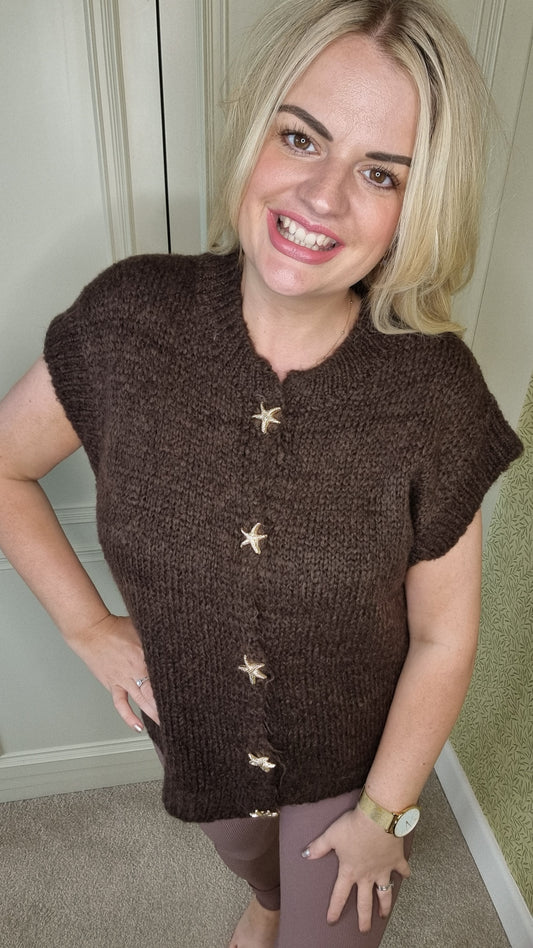 CLELIA STARFISH GOLD BUTTON FLUFFY WAISTCOAT - BROWN