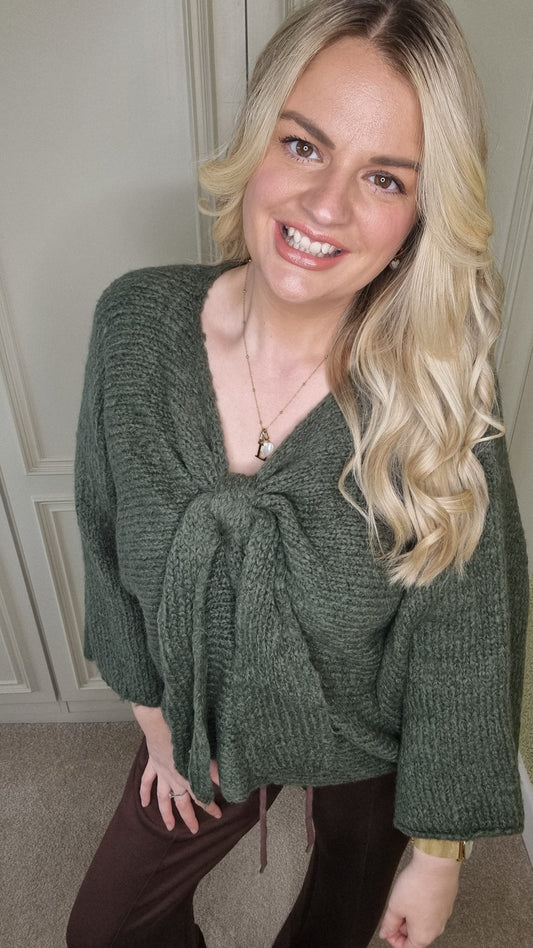 GABBY WOOL BLEND REVERSIBLE BOW JUMPER - KHAKI