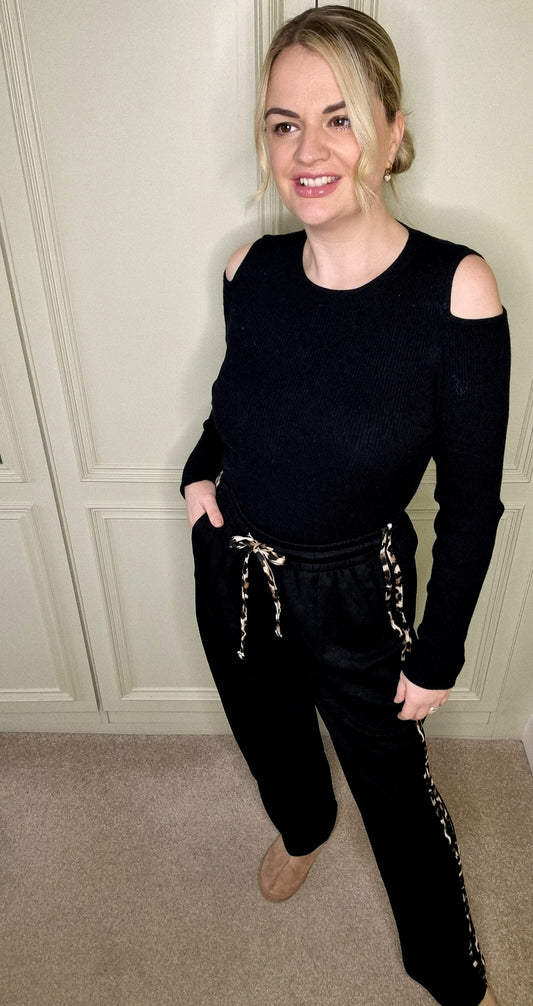 ALANA LEOPARD SIDE STRIPE DRAWSTRING JOGGER - BLACK